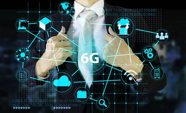 6g business future technology to advance the business world,Businessman take advantage of 6G technology to enhance communication and productivity.