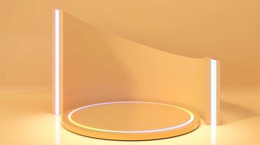 Altın arkaplanda altın bir kaide, neon ışıklı, ürün sunumu için podyum oluşturun, 3D görüntüleme
