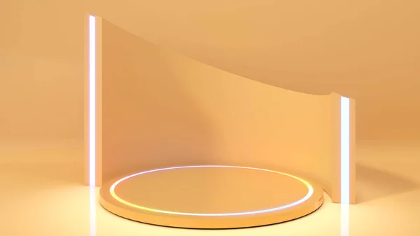 Gold pedestal on a gold background with neon light,mock up podium for product presentation,3d rendering