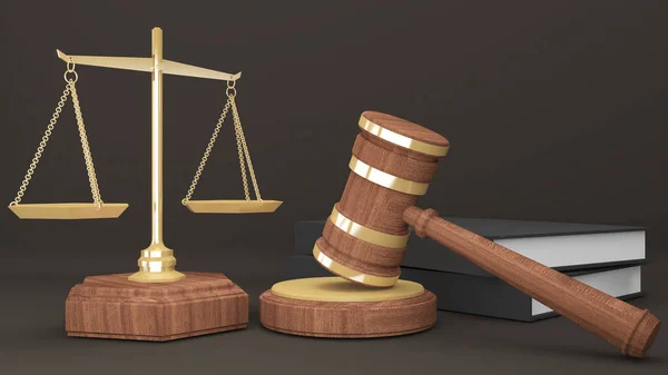 Golden Scales of Justice with Judgment Hammer and Law Books,fair judgment under the law,court to judge,3d rendering