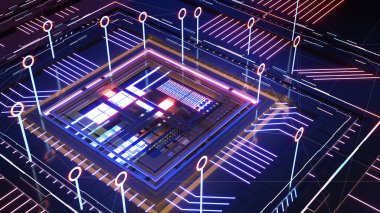 Soyut teknoloji geçmişi, veri iletimi bilim-kurgu konsepti, nanoteknoloji çip yapısı, bilim-kurgu geleceği, 3D görüntüleme