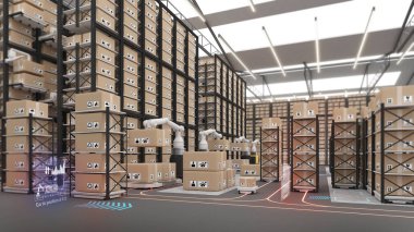 Large warehouses use robotic arms and delivery robots to pick up the goods. using automation in product management, warehouse and technology connectivity, 3D rendering