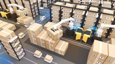 Large warehouses use robotic arms and delivery robots to pick up the goods. using automation in product management, warehouse and technology connectivity, 3D rendering
