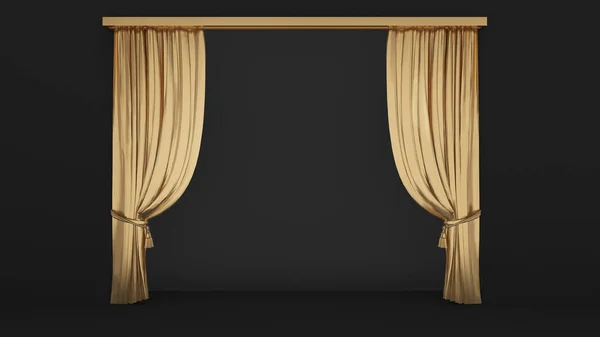 Empty black walls with golden curtains and dark floors.,A mockup for inserting text or images.,3d rendering