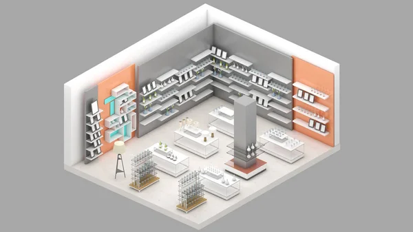 Isometric view of a general store,gift shop,shopping malls, 3d rendering.