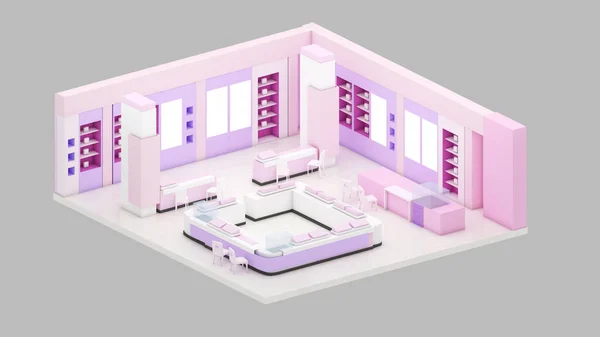 Isometric view of a cosmetic shop,shopping malls, 3d rendering.