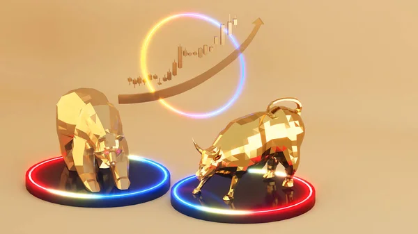Golden Bear Golden Bull Gold Background Investment Business Rendering — 图库照片
