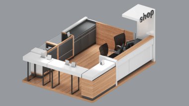 Isometric view of a  mobile shop,counter shop and cabinet, 3d rendering.