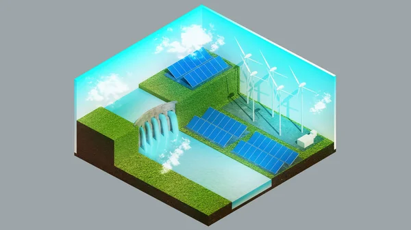 Vista Isométrica Una Presa Hidroeléctrica Molino Viento Célula Solar Futuras —  Fotos de Stock