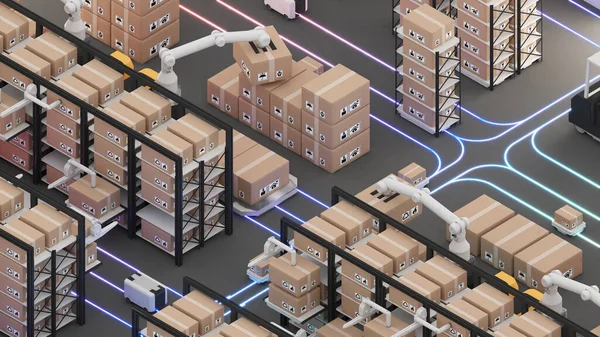 Warehouse Management Automated Robotics Transport Vehicle Uses Robotic Arm Robots — Stok fotoğraf