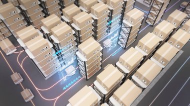 Delivery robot picks up a line of goods.,using automation in product management Connecting,warehouse and technology,top view,3D rendering