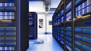 Shot of Data Center With Multiple Rows of Fully Operational Server Racks. Modern Telecommunications, Artificial Intelligence,server room,3d rendering