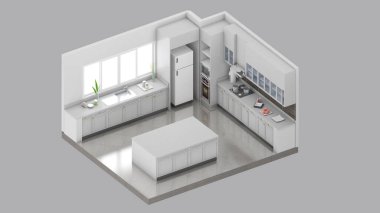 Isometric view of a kitchen,residential area, 3d rendering.