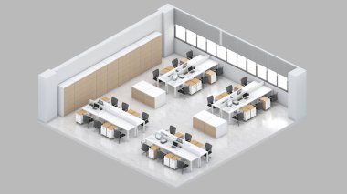 Ofis alanı, çalışma alanı, 3D görüntüleme.