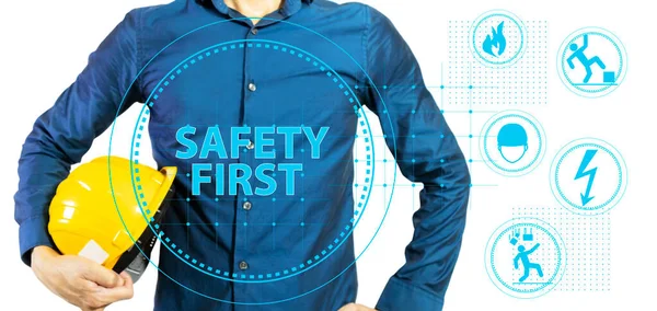 Engineer Blue Shirt Helmet White Background Safety First — Stock Photo, Image