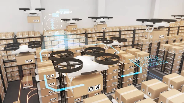 Using technology to control warehouse drones, automated delivery drones, air cargo drones, 3D rendering.