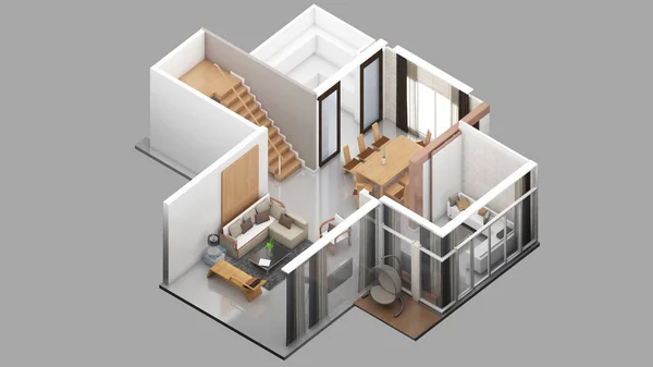 リビングルームとダイニング 住宅地 3Dレンダリングの等方性ビュー — ストック写真
