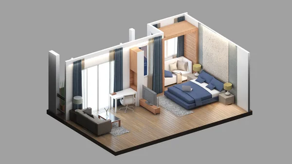 Isometric View Master Bedroom Living Area Residential Area Rendering — Fotografia de Stock