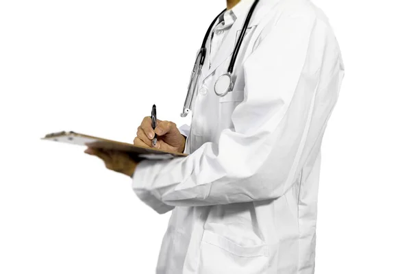 Médico Meia Idade Sem Rosto Segurando Estetoscópio Contra Fundo Branco — Fotografia de Stock