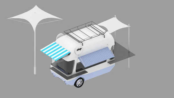 Isometric view of a model vans for coffee shop on the beach,3D rendering
