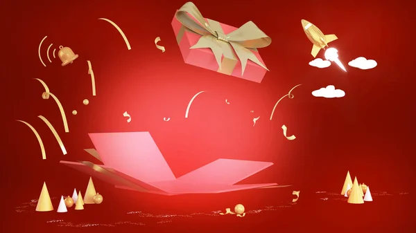 Kipakolni Piros Ajándékdobozt Hogy Megünnepeljük Fesztivált Kicsomagolni Egy Piros Ajándékdobozt — Stock Fotó