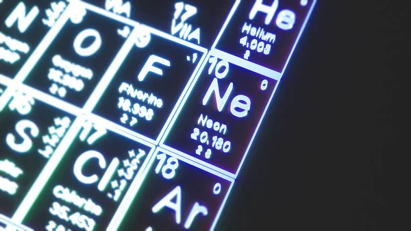 Neon on the periodic table of the elements on black blackground,history of chemical elements, represents the atomic number and symbol.,3d rendering