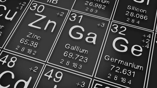 Zinc, Gallium, Germanium on the periodic table of the elements on black blackground,history of chemical elements, represents the atomic number and symbol.,3d rendering