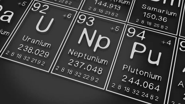 Uranium, Neptunium, Plutonium on the periodic table of the elements on black blackground,history of chemical elements, represents the atomic number and symbol.,3d rendering