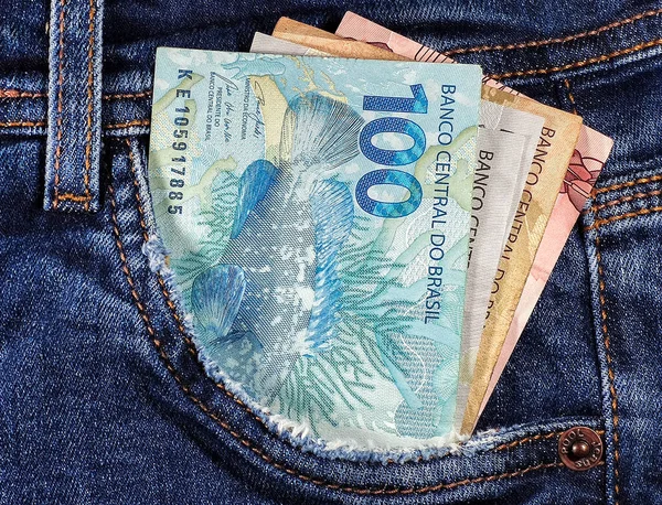 Money Notes Reais 100 Reais 200 Reais Brazil Jeans Pocket — Stockfoto