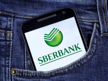 Ekranda Sberbank logosu olan akıllı telefon. Sberbank Rusya 'nın ve Doğu Avrupa' nın en büyük bankasıdır.