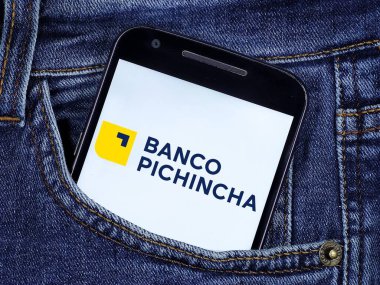 Ekranda Banco Pichincha logosu olan akıllı telefon. Banco Pichincha Ekvador 'daki en büyük özel bankadır..