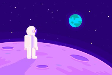 An astronaut looking at earth on moon with space scenery flat design illustration