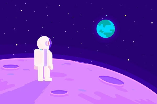 Astronaut Looking Earth Moon Space Scenery Flat Design Illustration — Stok Vektör
