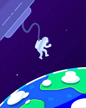 Astronaut floating in the space approaching earth flat illustration