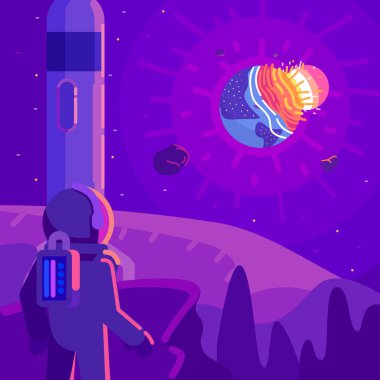 Astronaut on a planet watching earth destroyed by a big asteroid flat illustration