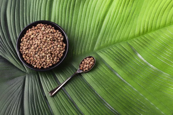 Kâsede organik çiğ mercimek var.