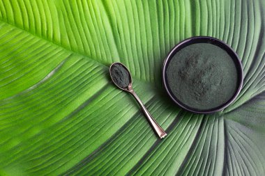 Yeşil arka planda yeşil bir yaprağın üzerindeki kâsede taze spirulina tozu.