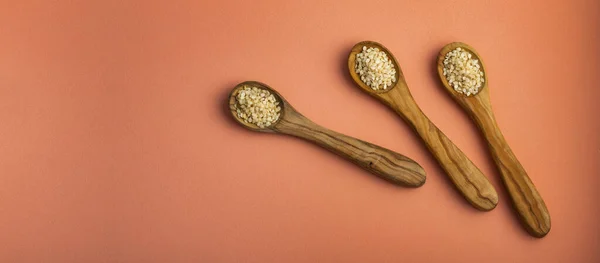 Sesamum Indicum Organic Sesame Seeds Three Wooden Spoons — Stock Photo, Image