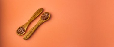 İki tahta kaşıkta organik keten tohumu - Linum usitatissimum