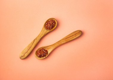 Kırmızı kinoa tohumları iki tahta kaşıkta - Chenopodium kinoa