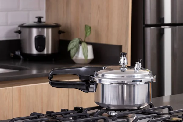Practical Silver Pressure Cooker Modern Kitchen — Stok fotoğraf