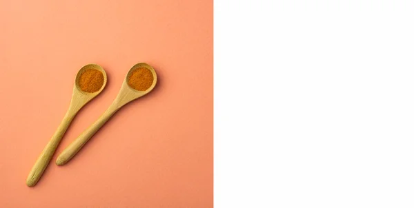 Healthy Turmeric Powder Two Wooden Spoons Curcuma Longa — 스톡 사진