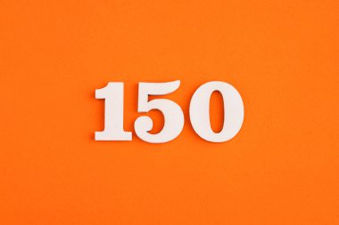 White wooden number 150 on eva rubber orange background