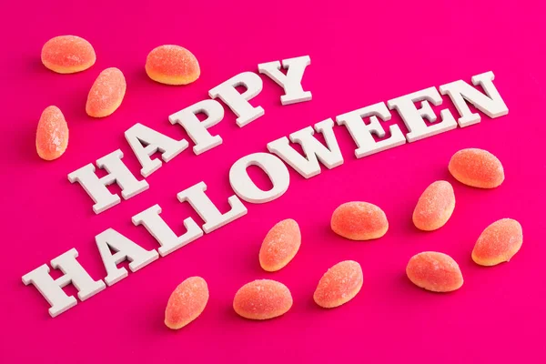 Word Halloween White Wooden Letters Sweet Jelly Candies — Stock Fotó