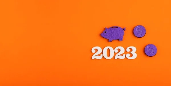 Conceito Poupança Investimento Piggy Bank Coins Year 2023 — Fotografia de Stock