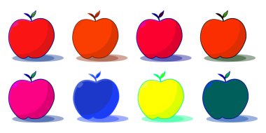 Beyaz zemin üzerinde çok renkli elmalar olan vektör seti. Eko etiketli meyve tasarımı elementleri. Sağlıklı beslenmenin doğal bir ürünü. Stok vektör illüstrasyonu.