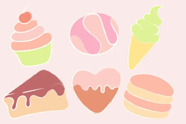 Sweet Elements Set Sweet Cake Gingerbread Ice Cream Heart Cupcake — Vector de stock