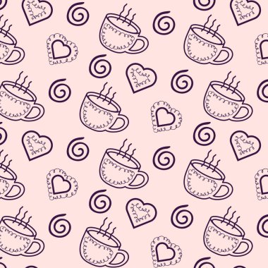 Seamless pattern with coffe cup and hearts. Doodle style. Stock seamless pattern vector illustration.