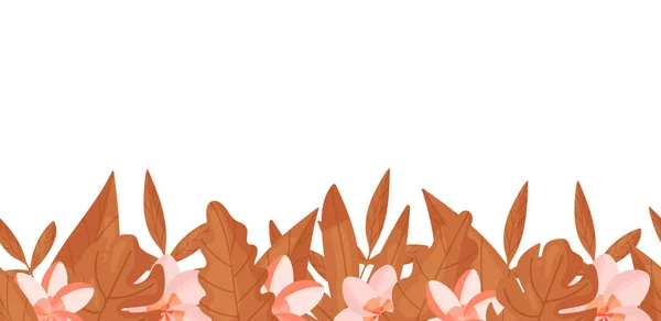 秋の葉と花のシームレスな境界 水平方向の白いバナーの花や葉の境界を飾る シームレスなパターンベクトル図 株式ベクトル — ストックベクタ