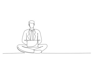 One line illustration of young man in suit holding laptop computer while sitting on a floor isolated over white background